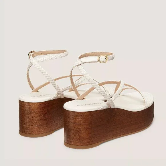 495$ Stuart Weitzman Wovette Woven Leather Wood Wedge Sandals Size 10 US Ivory - Picture 2 of 4
